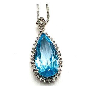 Womens Necklace 14K White Gold Blue Topaz Diamond Pendant Estate Fine Jewelry